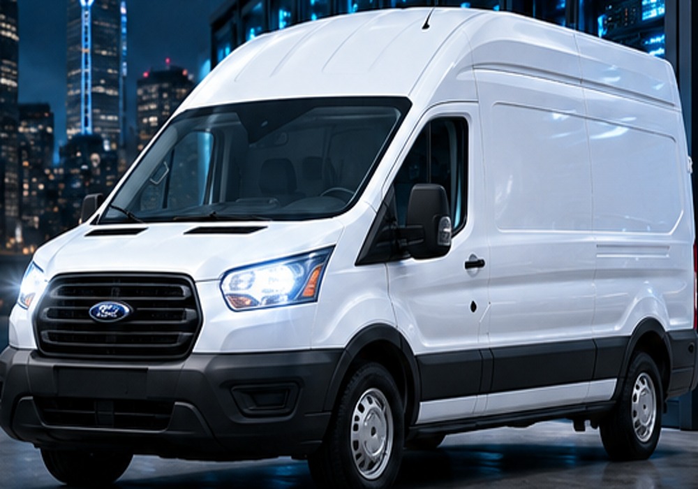 White high-roof cargo van at a data center